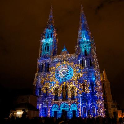 Chartres en lumieres portail royal arbre du savoir copyright spectaculaires les allumeurs d images photo m anglada