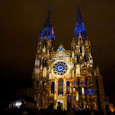 Chartres en lumieres portail royal l orgue dore bis copyright spectaculaires les allumeurs d images photo m anglada